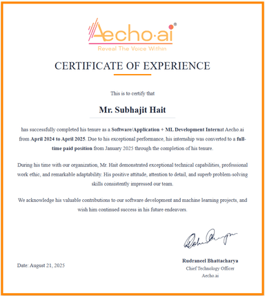 Experience Certificate – Software & ML Developer at Aecho AI