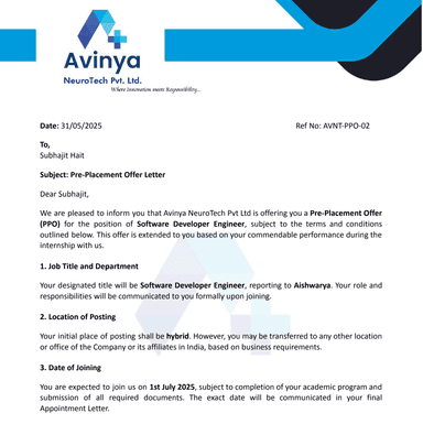 Software Developer - Joining Letter